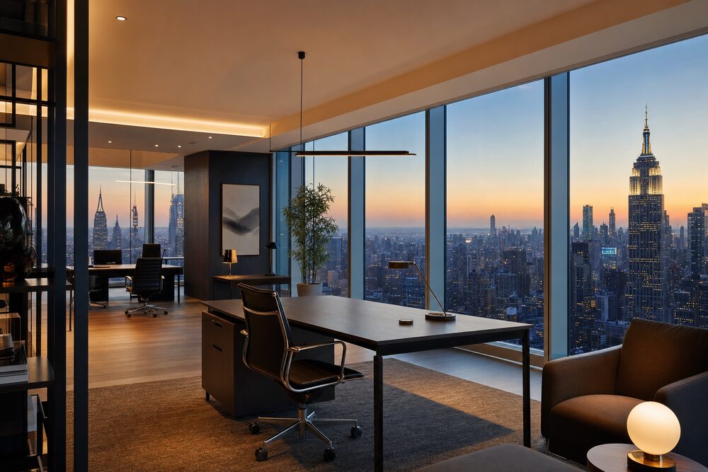 An empty NYC office at dusk, lights on, nobody in it yet