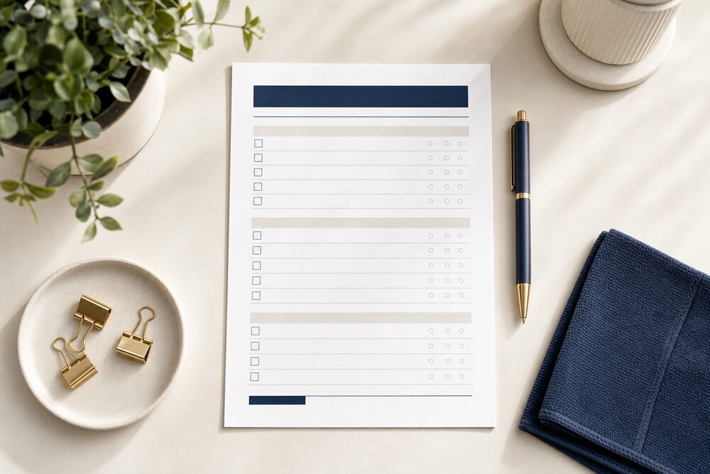 A printed cleaning checklist on a desk with a pen and clips