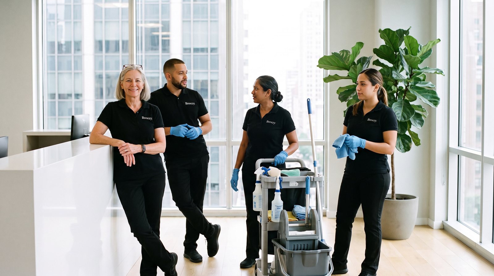 The Breezy crew, a steady and familiar team in black polos with the Breezy logo