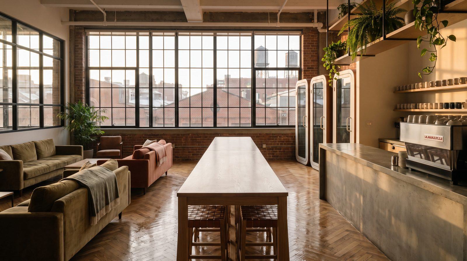 A coworking lounge with a long communal table, velvet sofas, and a shared kitchen in Brooklyn