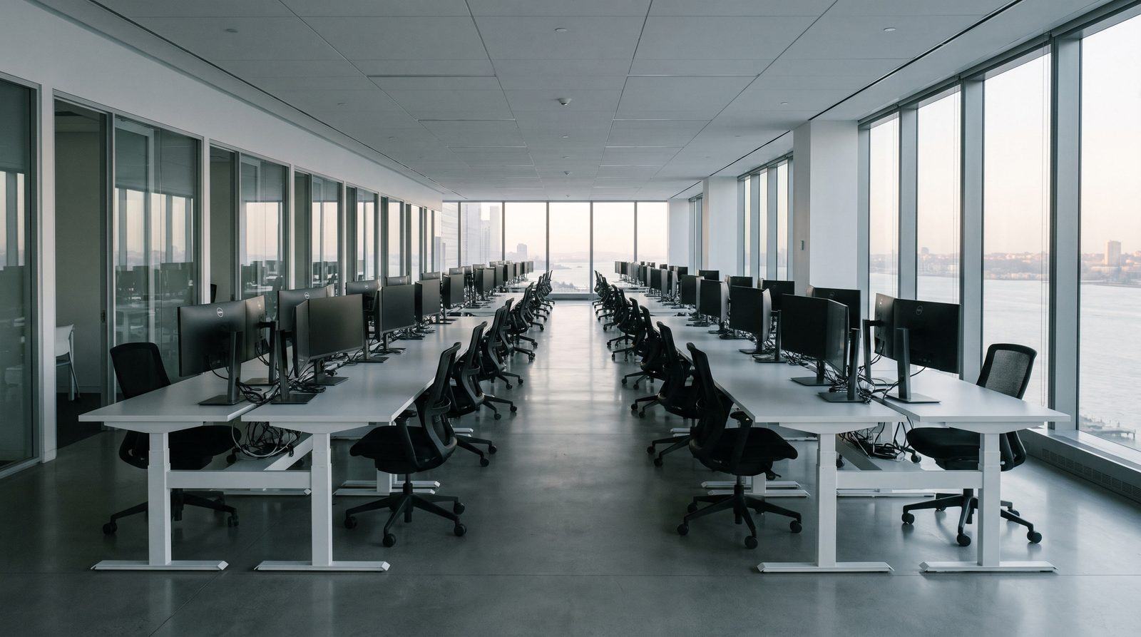 A spotless open-plan office floor in Manhattan at dawn