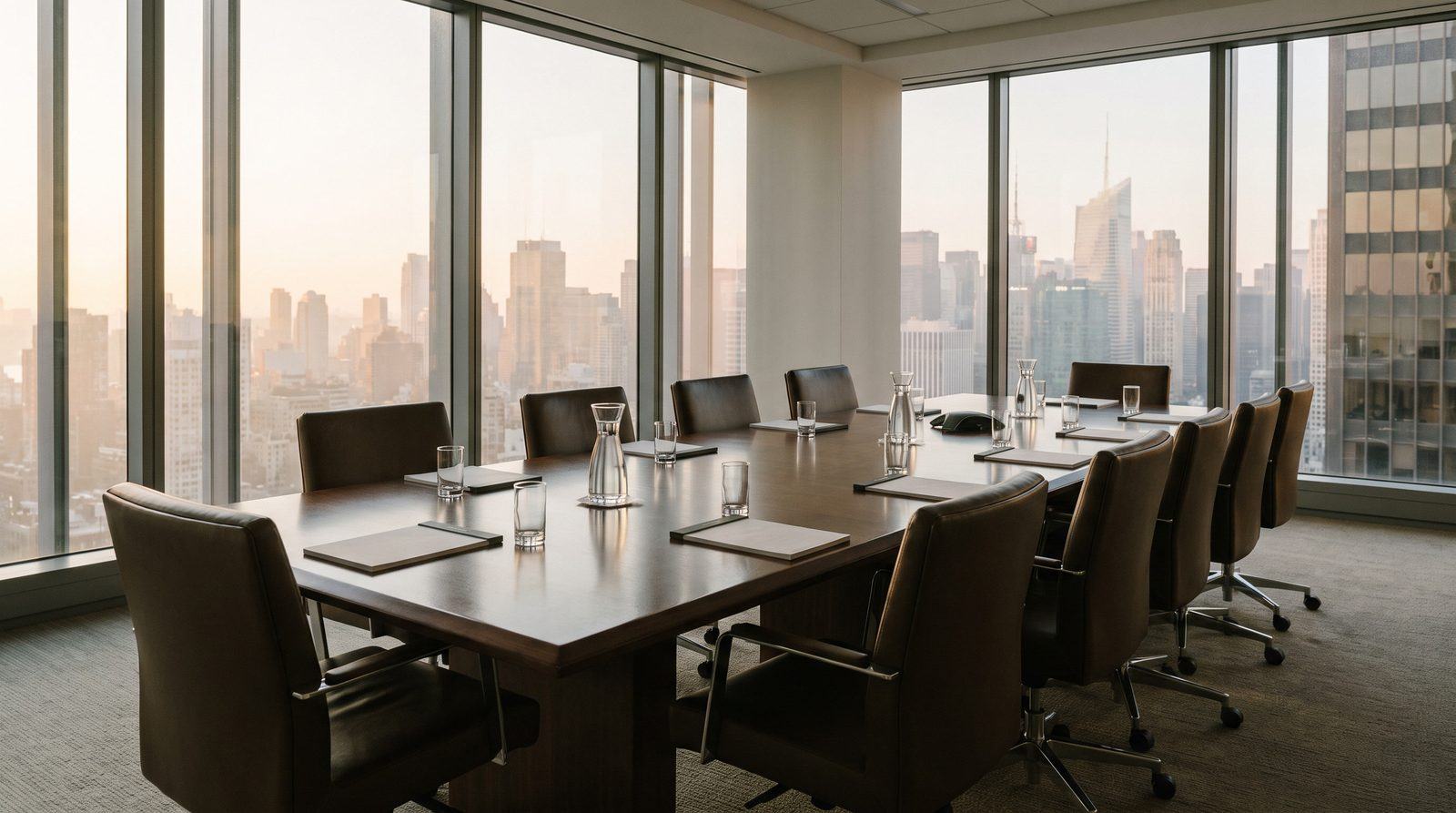 A law firm conference room with a long walnut table, squared chairs, and the Manhattan skyline at dawn