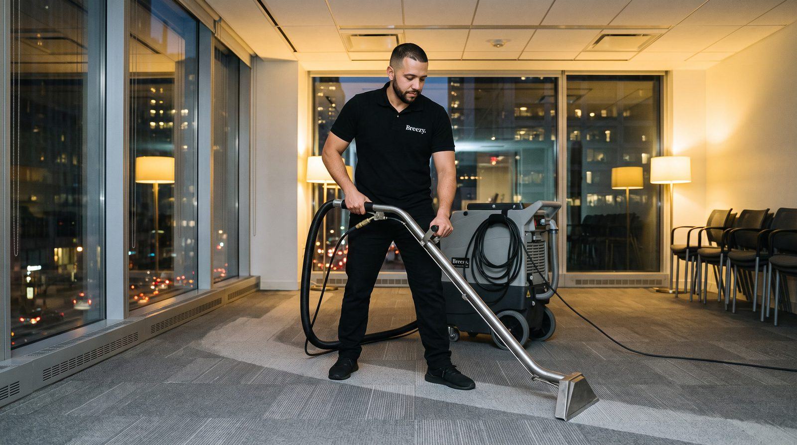 A Breezy cleaner running a hot water extraction wand over office carpet at night