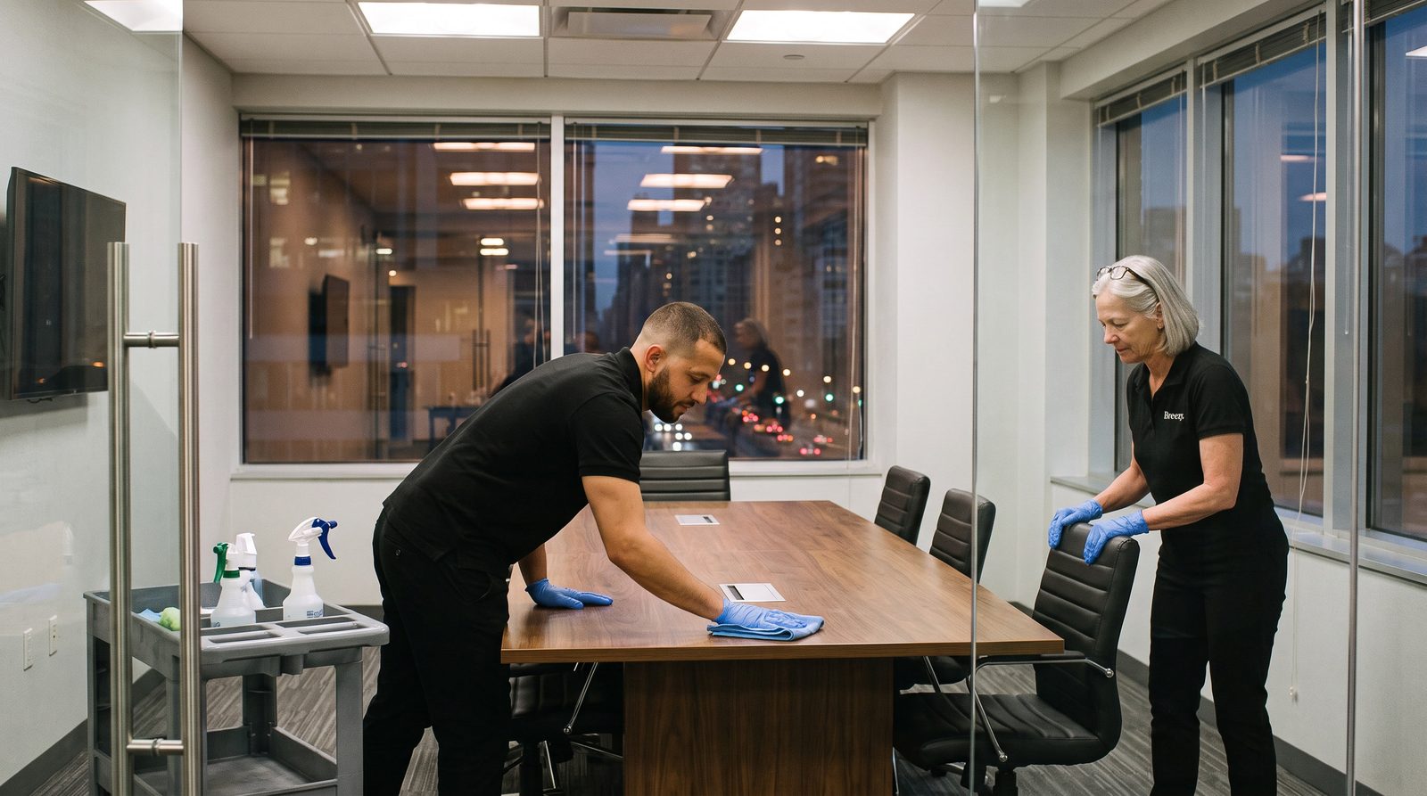 Two Breezy cleaners resetting a conference room after hours