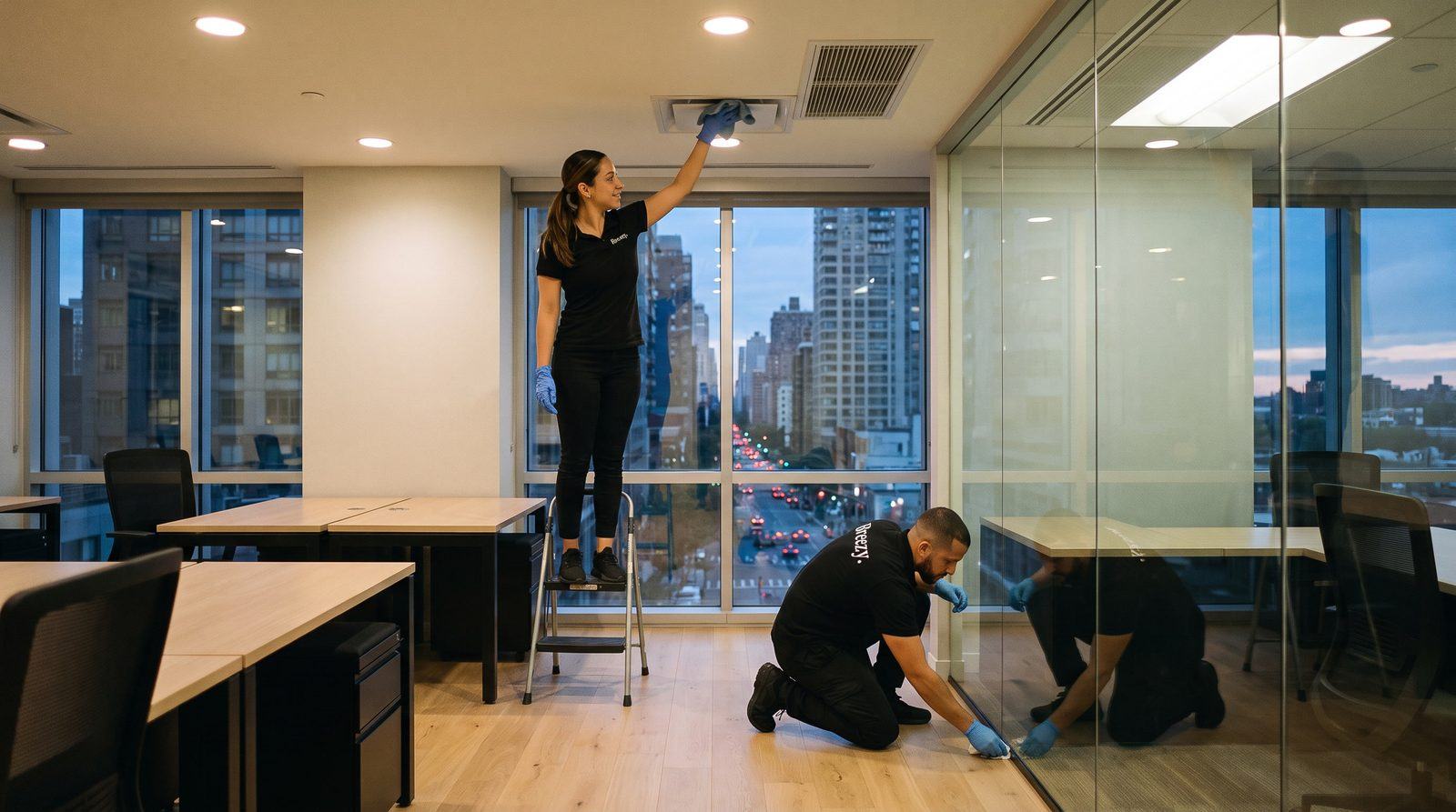 Breezy cleaners detailing new glass partitions and baseboards after construction