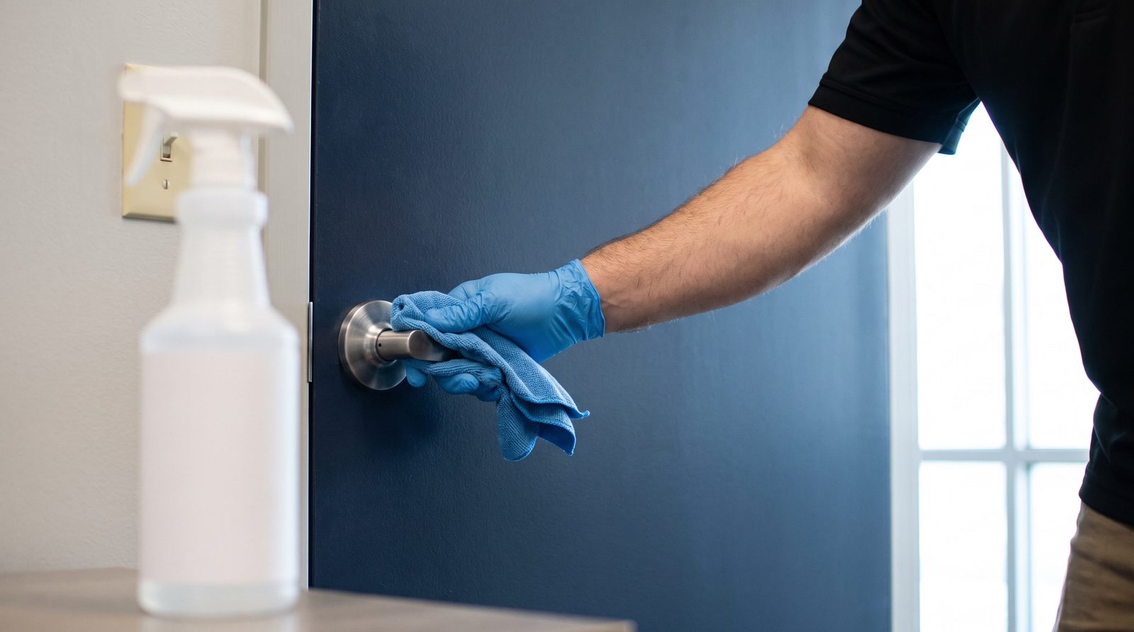 Close-up of a gloved hand disinfecting an office door handle
