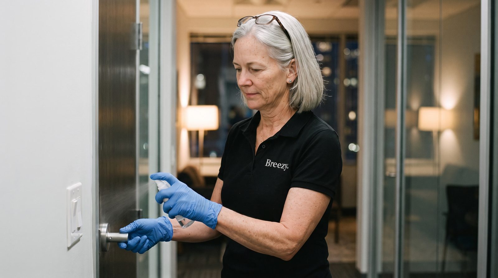 A Breezy cleaner in gloves disinfecting an office door handle and switch plate