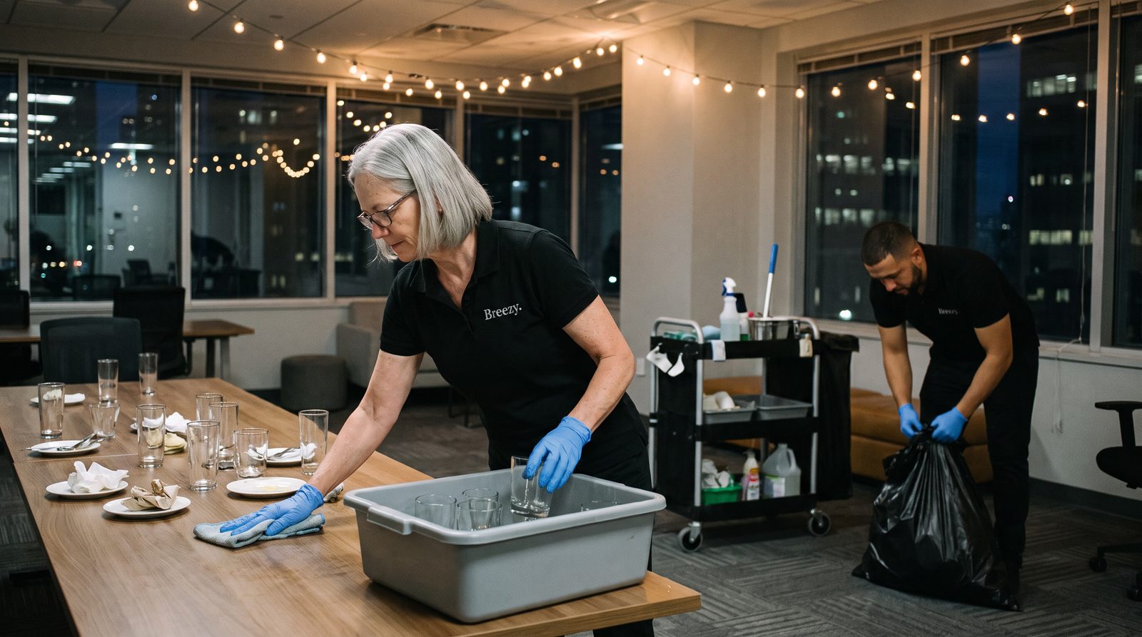 Breezy cleaners clearing glassware and resetting an office after an evening client event