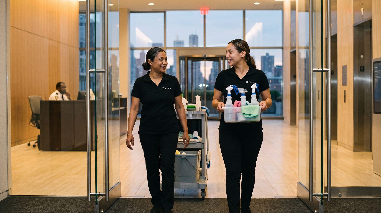 Two Breezy cleaners arriving through a Manhattan office lobby with cart and supplies
