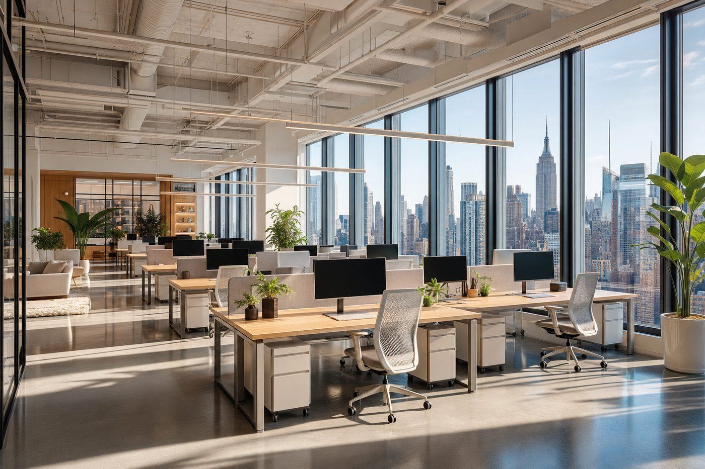 A newly finished, spotless NYC office with skyline windows