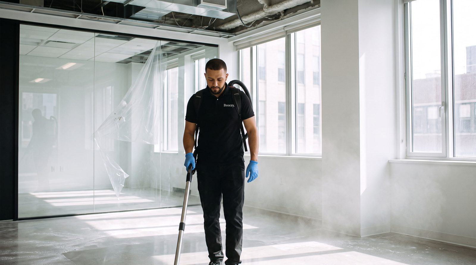 A Breezy cleaner vacuuming fine dust in a freshly built-out Manhattan office