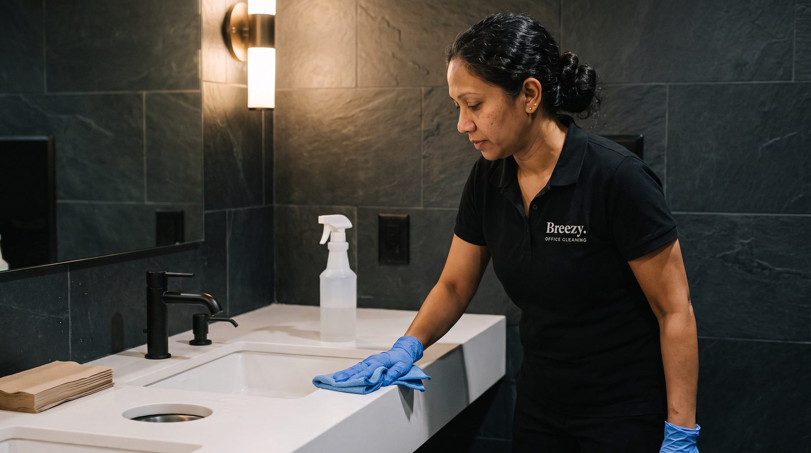 A Breezy porter wiping down an office restroom sink counter