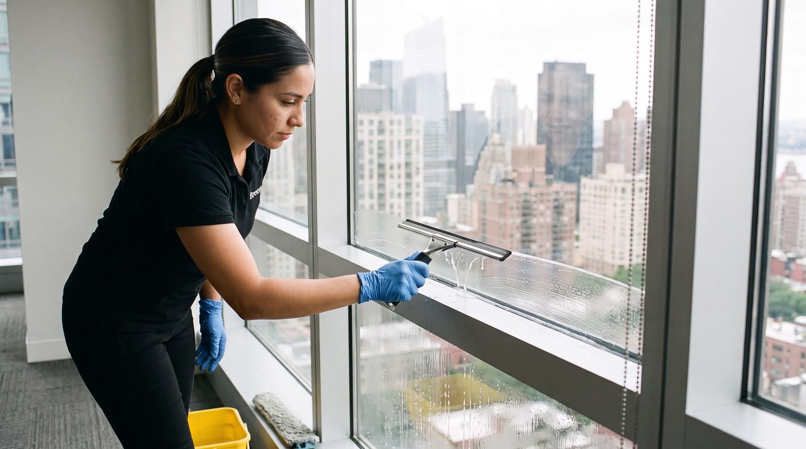 A Breezy cleaner squeegeeing a floor-to-ceiling office window with the Manhattan skyline behind